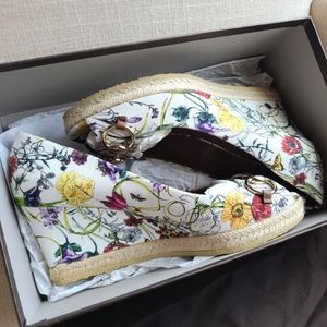 Gucci Womans Floral Print Canvas Peep Toe Wedge